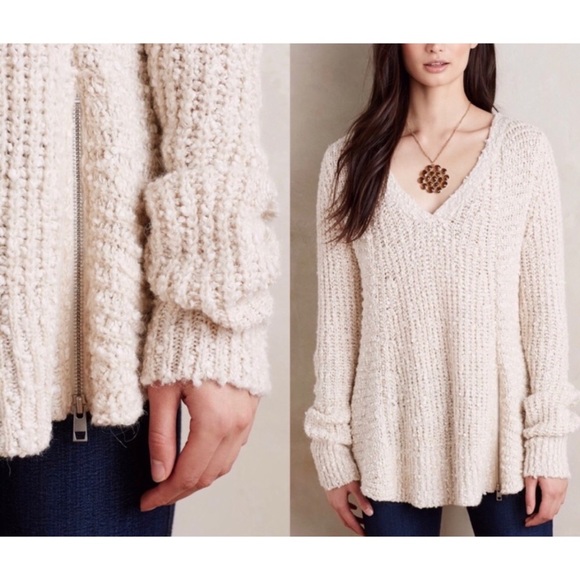 Anthropologie Moth Cream Knit Sweater with Side Zipper Detail - Picture 2 of 5